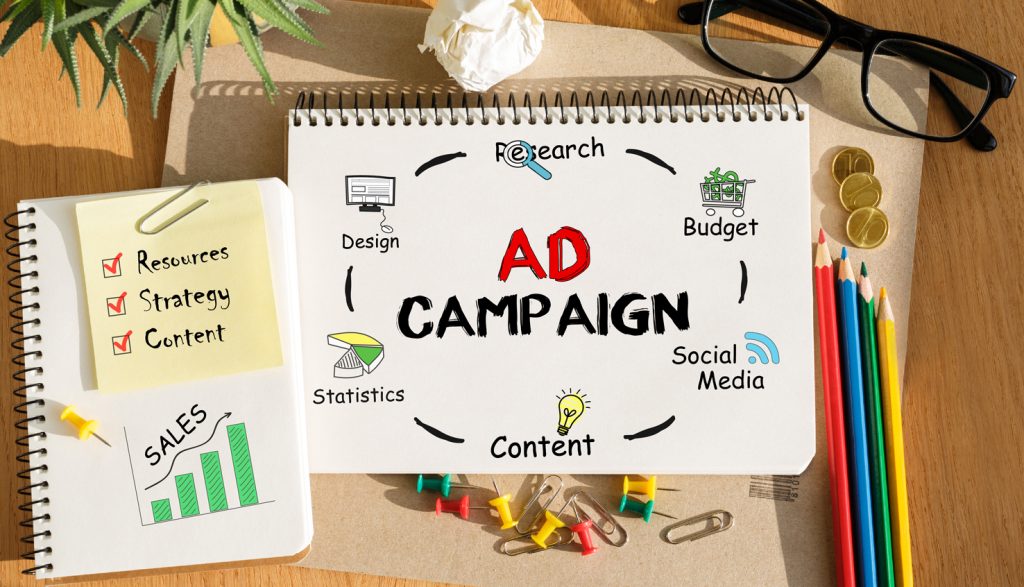 Image illustrating the ad campaign cycle with elements such as research, budget, social media, content, statistics, and design. A graph shows campaign progress.